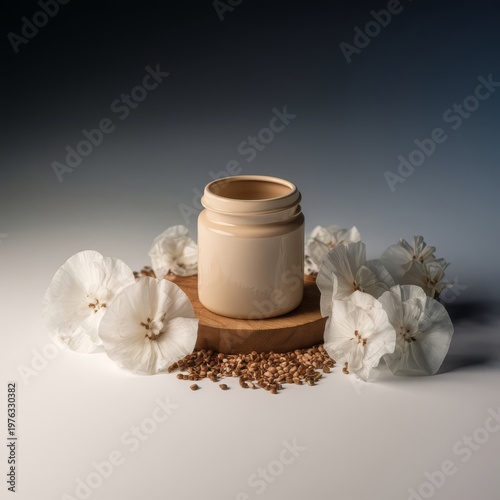 Natural cosmetic cream jar with white flowers on wooden stand
