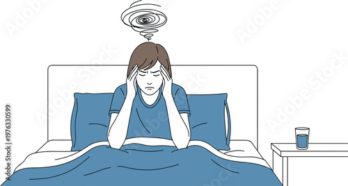 Woman suffering from headache sitting in bed insomnia and stress concept line art vector illustration for mental health awareness