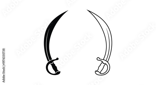 Two curved swords one dark and one light presented as a striking silhouette