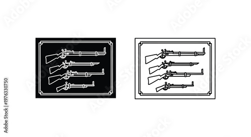 Antique firearms displayed in framed arrangements black and white silhouette