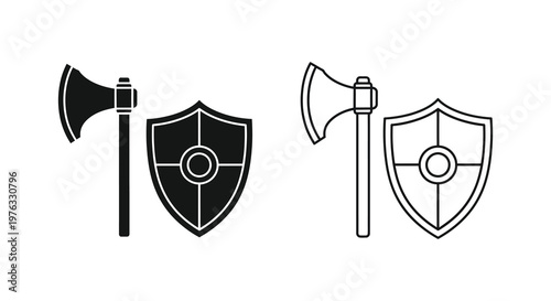 Two viking weapons an axe and shield in a stark black silhouette