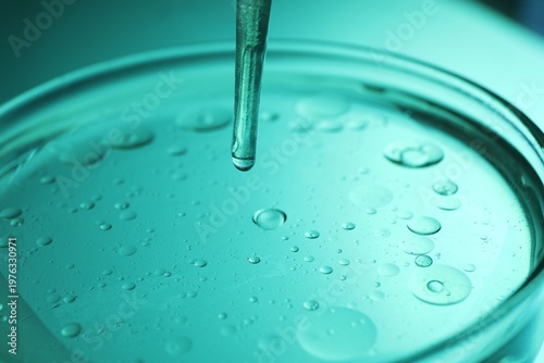 Canvastavla Dripping liquid from pipette into Petri dish on turquoise background, closeup