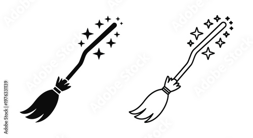 Two black witch brooms with sparkling stars a simple graphic silhouette