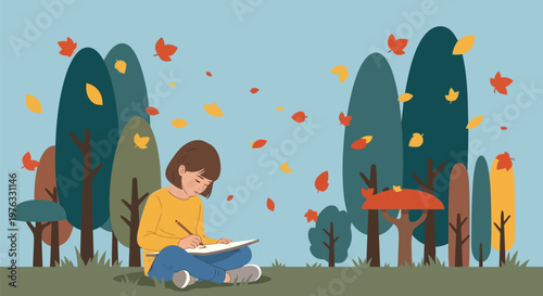 Illustration of young girl sitting on grass in a park, drawing in a sketchbook surrounded by stylized trees and falling autumn leaves