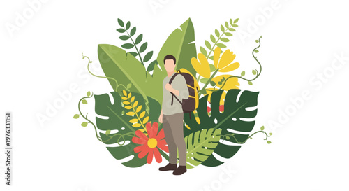 Illustration of man with backpack standing amidst lush green tropical foliage, vibrant flowers, and leaves, symbolizing adventure and nature