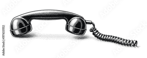 Retro telephone handset with coiled cord engraving vector for communication ads.