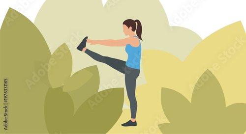 Illustration of woman doing a leg stretch exercise outdoors, surrounded by abstract green and yellow leaf shapes in a flat design style
