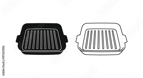 Two rectangular grill pans one filled and one outlined in black and white silhouette