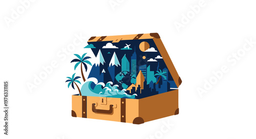 Tropical getaway, travel, suitcase, vector icon, summer vacation, adventure