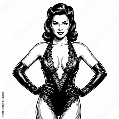 Confident woman in lace bodysuit and long gloves, vintage pin-up glamour portrait, sketch engraving vector illustration.