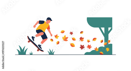 Illustration of young man skateboarding through fallen autumn leaves, with a tree in the background, isolated on