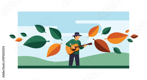 Illustration of man wearing a hat playing guitar in a windy landscape with falling leaves, isolated on
