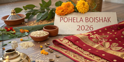 Pohela boishakh 2026 traditional celebration items with red sari and marigolds, clay lamp
