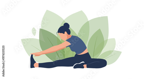 Illustration of woman stretching her leg while sitting on the floor with large green leaves behind her
