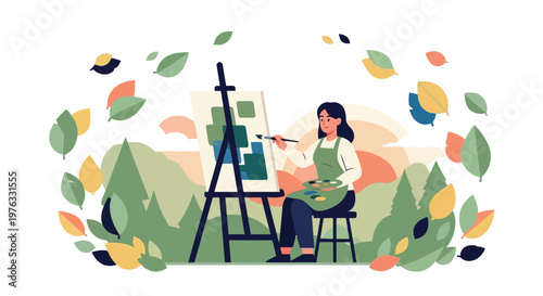 Illustration of a woman artist painting on a canvas in an outdoor setting surrounded by autumn leaves and trees, enjoying her creative hobby