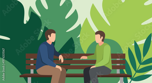 Illustration of two men sitting on a park bench and talking amidst lush green foliage, discussing ideas in a relaxed outdoor environment