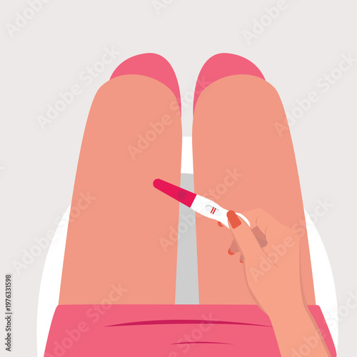 Female is holding a pregnancy test with positive result as a two lines. Planning a baby, motherhood and healthcare concept. vector illustration
