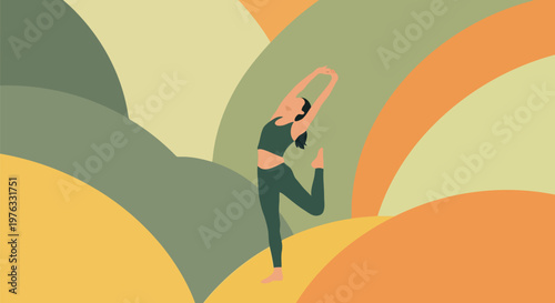 Illustration of a woman in athletic wear performing a graceful yoga pose, stretching her body with arms raised and one leg bent, against a backdrop of abstract colorful shapes