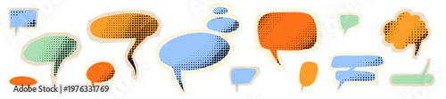 Set of hand drawn speech bubbles with halftone and cut out paper sticker effect, vector illustration.