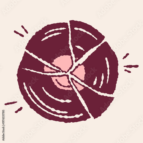 Colorful hand-drawn smashed record in an imperfect doodle style. Broken vinyl art for music lovers, record stores, posters, stickers, and social media.