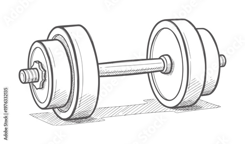 Hand drawn of a metal dumbbell with textured weights and shadow fitness exercise