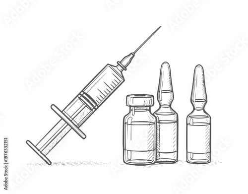 Hand drawn syringe and medicine vials with needle and liquid ampoule