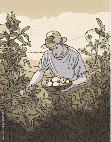 Farmer picking ripe berries from a bush in a field.