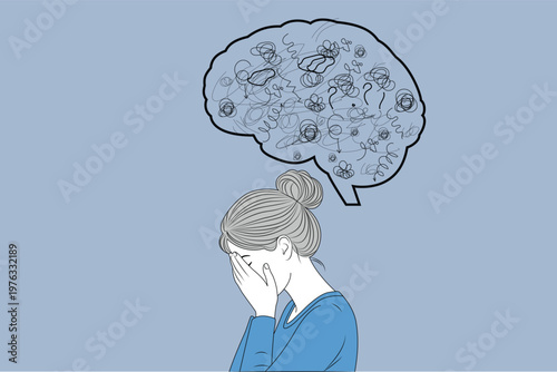 Stressed woman with tangled thoughts mental health illustration