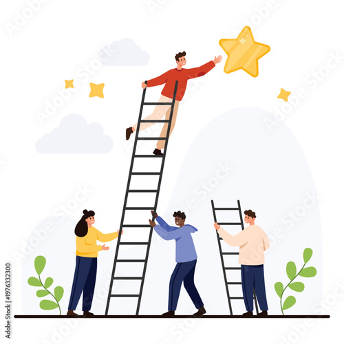 Business people cooperate using ladders to reach a star symbolizing success teamwork achievement and support on an isolated white background for motivation and leadership vector illustration