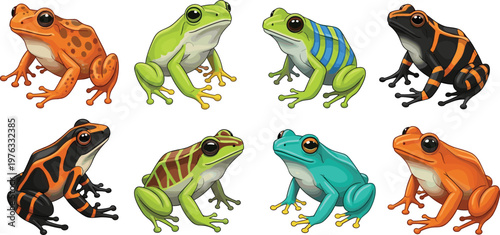 Colorful Frog Collection Vector Illustration Set Featuring Tropical Amphibians with Bright Patterns Including Poison Dart Frogs for Wildlife Nature Design Projects