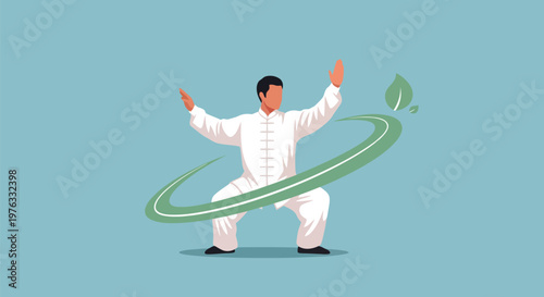 Illustration of man in traditional white clothing practicing tai chi with a swirling green energy ring and a leaf, representing balance and health