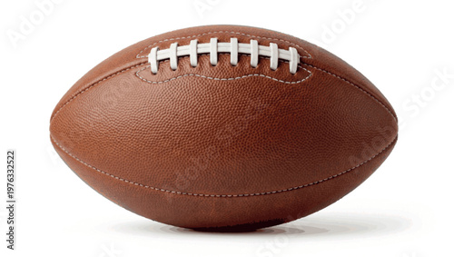 Classic brown American football with white laces and a textured surface, isolated on a clean white background, embodying competition, athleticism, and the spirit of the game