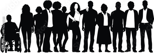 Inclusive diversity silhouette illustration featuring group of people with different body types, hairstyles, and wheelchair accessibility, symbolizing unity, equality, and community togetherness in 