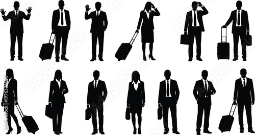 Set of professional business people silhouettes wearing suits and carrying luggage, briefcases, and rolling suitcases, standing in various poses on a white background.