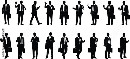 Set of professional businessman silhouettes in suits holding coffee cups and briefcases, walking, waving, and standing in various poses on a white background.
