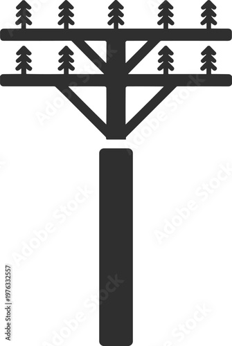 Silhouette illustration of utility pole with insulators and connectors, representing electrical infrastructure, transmission tower design, power distribution, connectivity,
