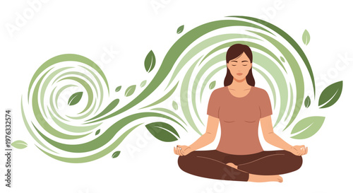 Illustration of woman meditating in lotus position with green swirling patterns and leaves, representing peace and nature