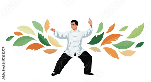 Illustration of man practicing tai chi with swirling green and orange leaves in the background