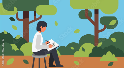 Illustration of person sitting on a stool and drawing in a sketchbook in a park with trees and bushes