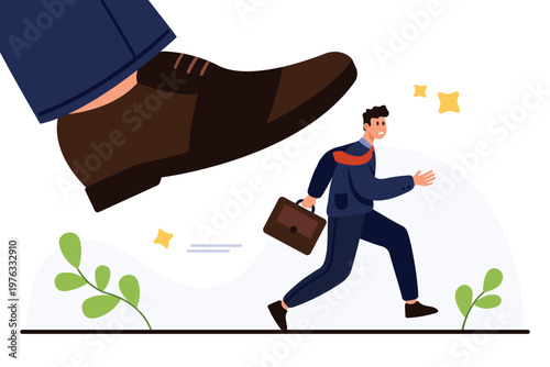 Stressed office worker running from large shoe symbolizing workplace pressure, stress, and corporate challenges on isolated white background for business concept vector illustration