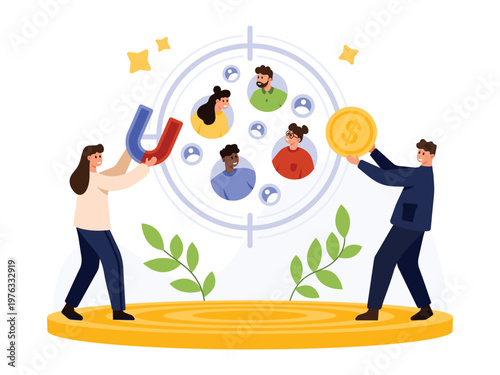 Business people attracting diverse target audience with magnet and coin, symbolizing marketing strategy, customer engagement, and financial growth on isolated white background vector illustration