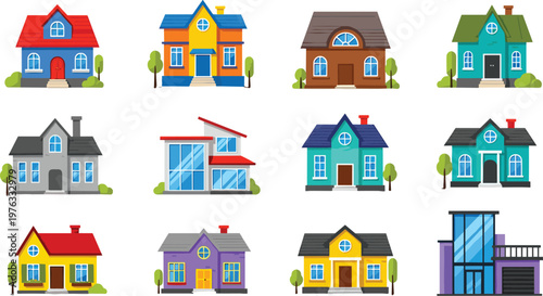 Colorful House Collection Vector Illustration Set Featuring Modern Homes Cottages Villas and Residential Buildings with Unique Architecture for Real Estate Design Use