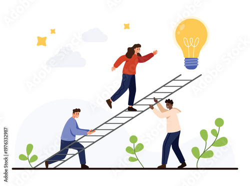 People supporting each other on a ladder to reach a lightbulb symbolizing teamwork, support, creative solution, and idea achievement on an isolated white background vector illustration