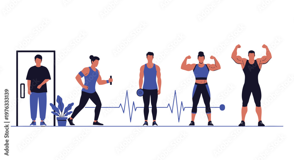 Fototapeta premium Fitness, workout, exercise, healthy lifestyle, vector icons, athletic, sports, wellness illustrations, 5 people
