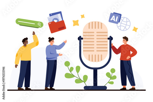 Modern users communicate with a large microphone symbolizing voice assistant technology, artificial intelligence, and digital search on an isolated white background vector illustration