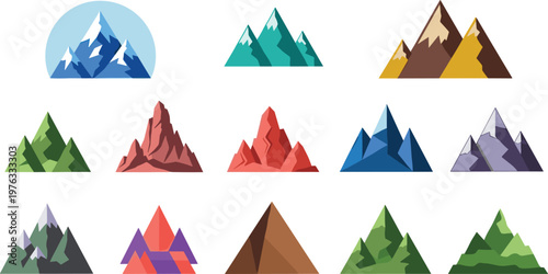 Colorful Mountain Collection Vector Illustration Set Featuring Stylized Peaks in Different Shapes and Colors for Nature Landscape and Outdoor Design Projects