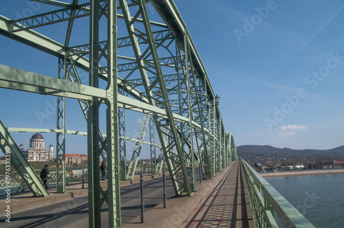 Mária Valéria Bridge over Danube river with Esztergom Basilica in the background, Hungary-Slovakia border