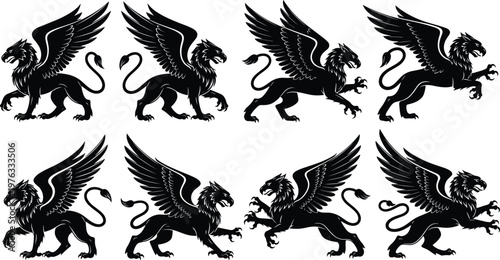 Griffin Logo Set, Black and White Lion with Wings, Mythical Creature Symbol for Fantasy, Heraldic Designs, and Illustrations
