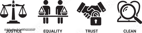 Justice, equality, trust icons, law and order symbols, clean design elements, black vector graphics