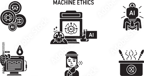 Machine ethics, AI icons, robot symbols, artificial intelligence graphics, vector set